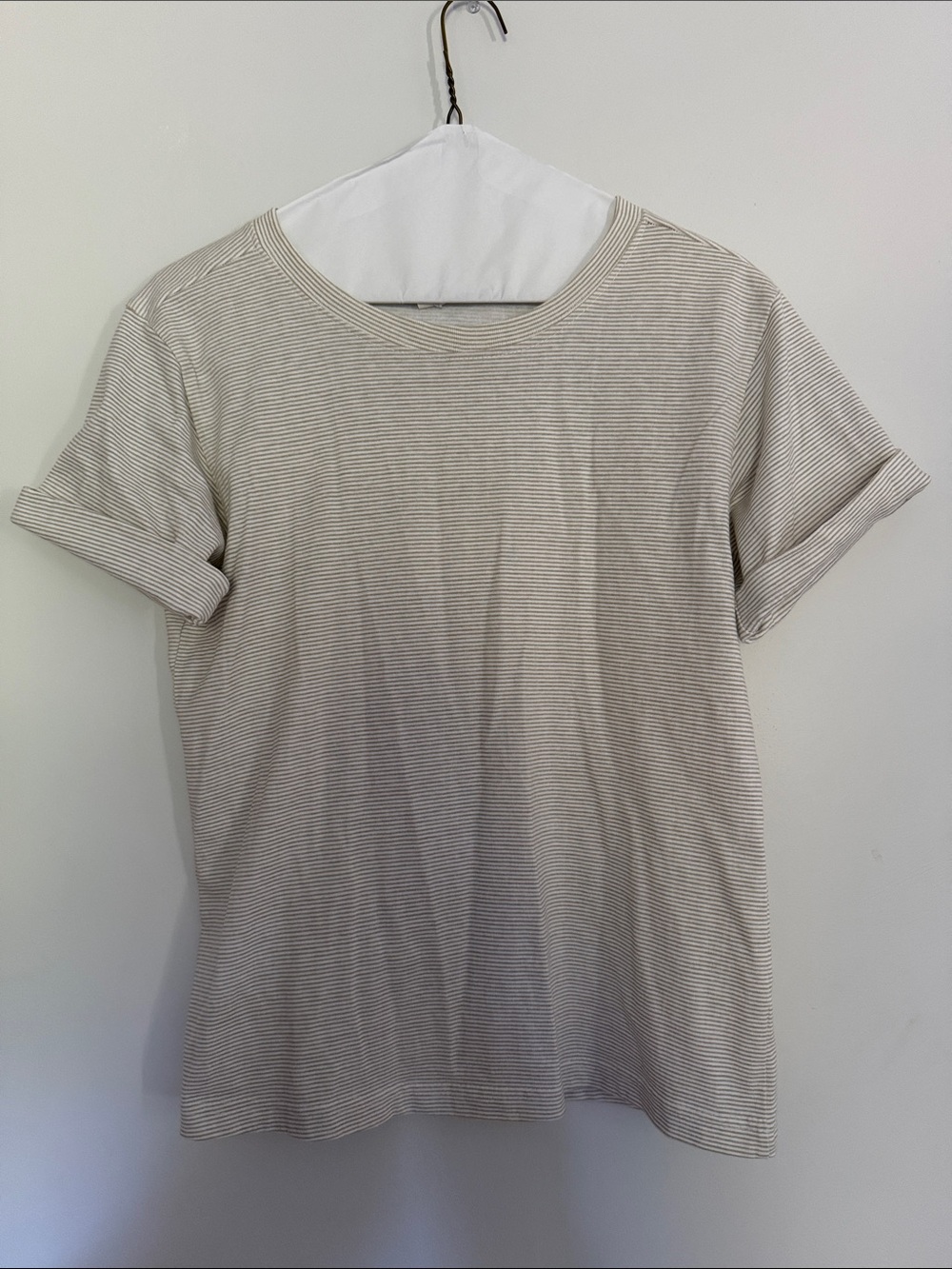 Vintage JL Plum 100% Cotton Thin-Striped Short Sleeve Tee - Pale Green & White